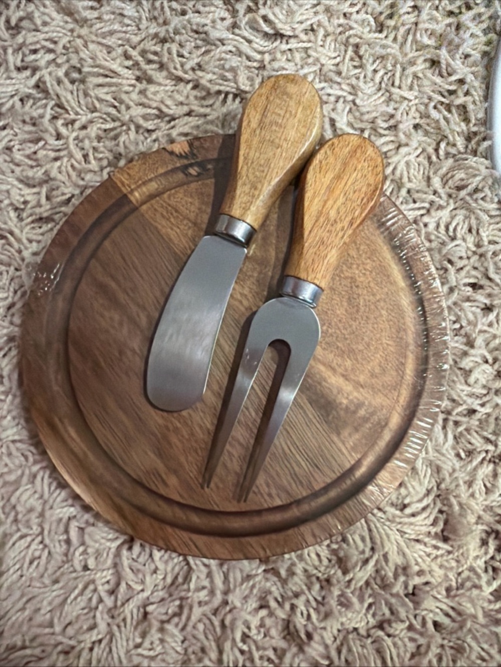 Wood Handle Cheese Knife and Fork Set - Natural Brown